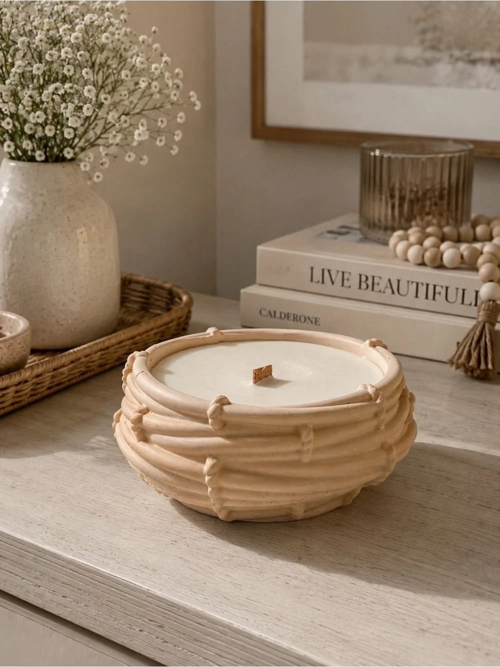 Cream Ceramic Bowl Candle with Wooden Wick - Home Accents